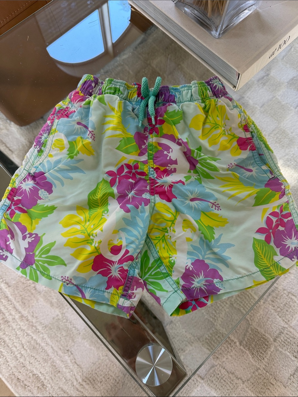 12 Boys' Floral Drawstring Swim Shorts - Mint Green